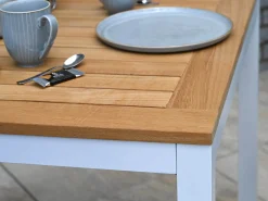 Aluminium Teakholz Gartentisch Serie Melago weiß