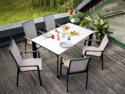 Black Line QUEENS Stapelsessel Highback Alu schwarz matt Bezug Dublin Teak