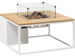Feuertisch Cosiloft 100 white Teak Top mit Glasrahmen