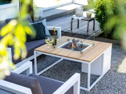 Feuertisch Cosiloft 100 white Teak Top mit Glasrahmen