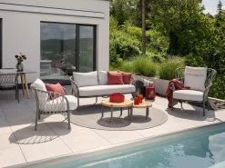 Klea Lounge Pfauensessel Alu anthrazit mit Kordel Stone Kissen perlgrau