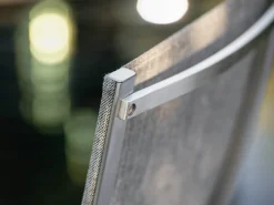 Stapelsessel Mika hoch Teak Edelstahl Textilenbezug Leinen grau